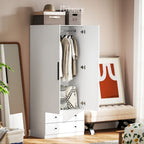 White wardrobe with open door showing hanging clothes and interior shelves