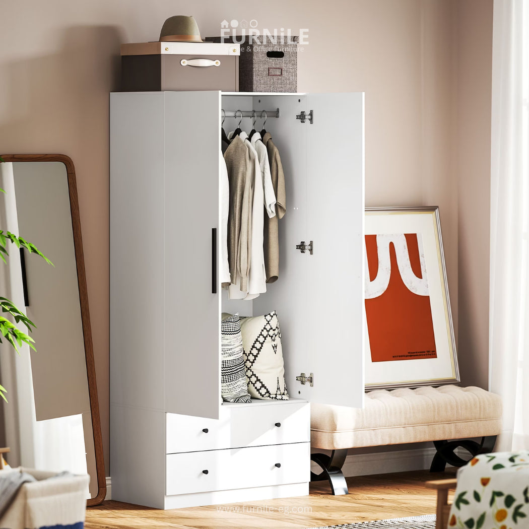 White wardrobe with open door showing hanging clothes and interior shelves