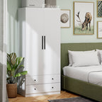 White wardrobe with tall double doors and two drawer cabinets at the bottom