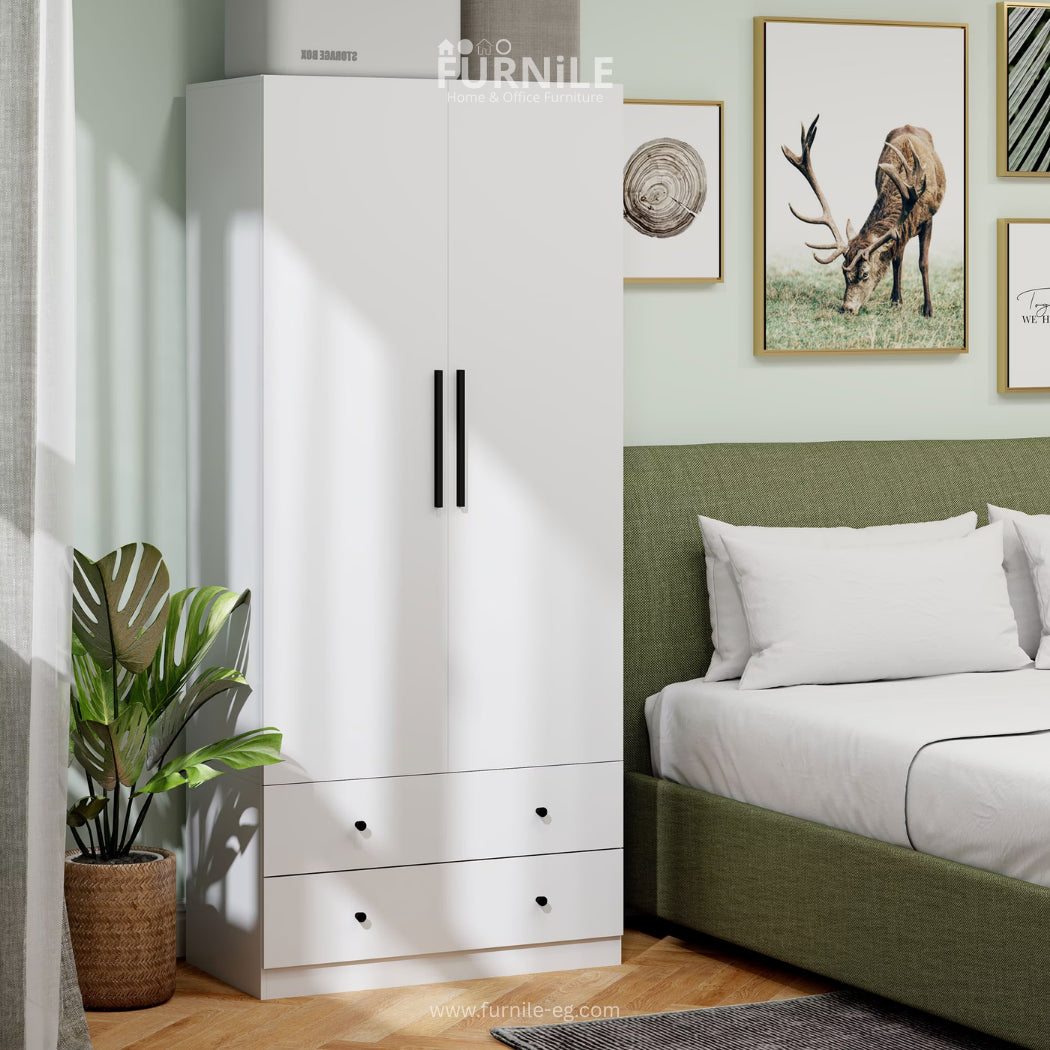 White wardrobe with tall double doors and two drawer cabinets at the bottom