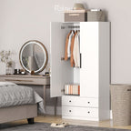 White wardrobe with hinged doors, hanging rail, and two bottom drawers