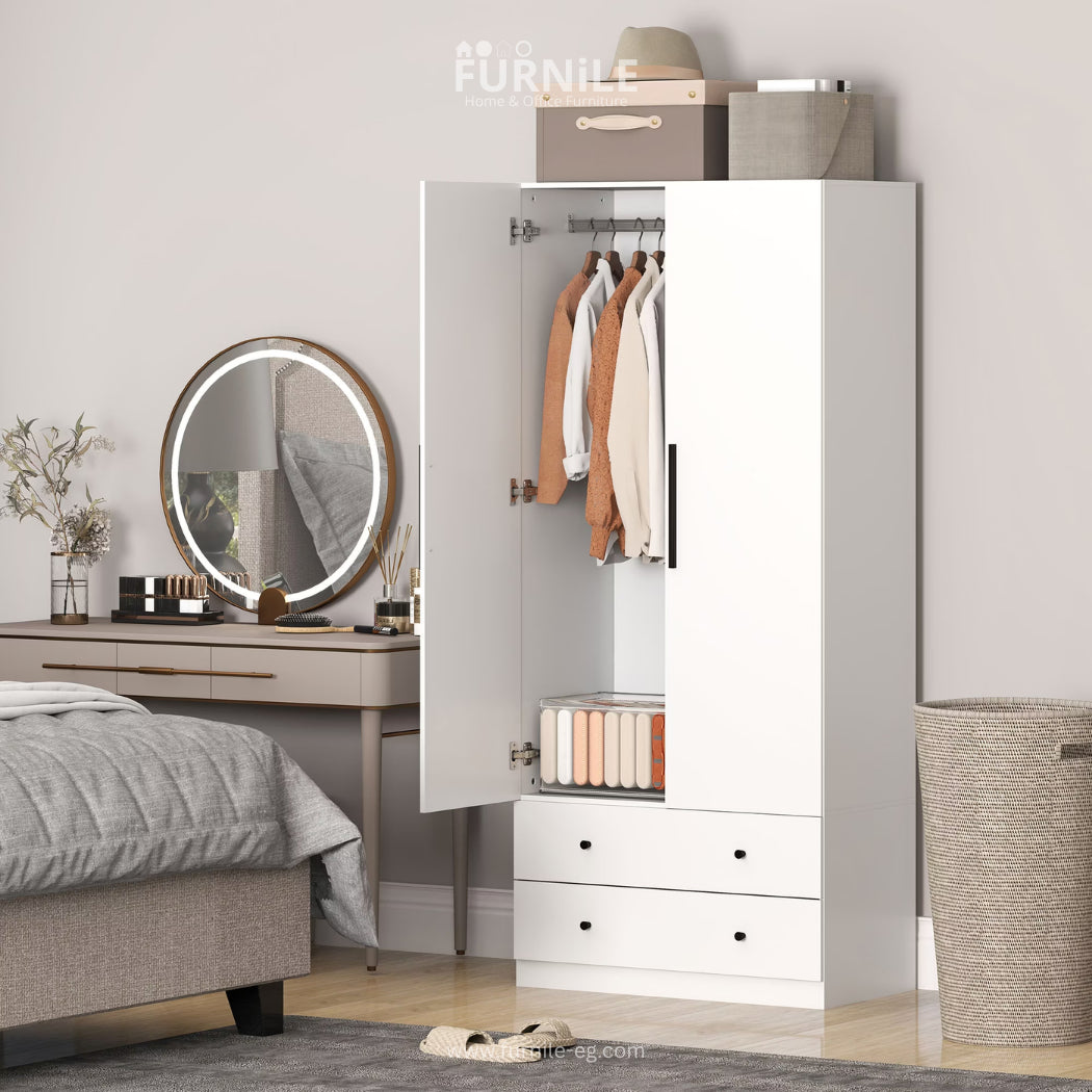 White wardrobe with hinged doors, hanging rail, and two bottom drawers
