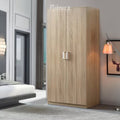 Oak-tone wardrobe with two doors and silver handles, freestanding storage cabinet