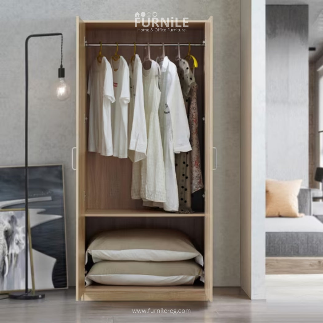 Open oak-tone wardrobe with hanging rail and two lower shelves for folded clothes