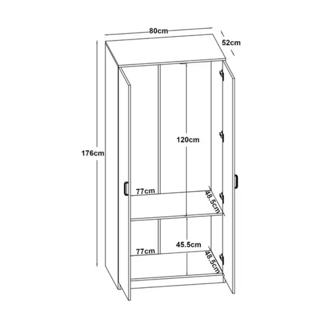 Wardrobe dimensions diagram: 80cm wide, 176cm high, 52cm deep, 120cm interior
