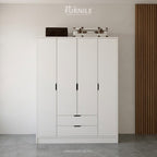 White wardrobe with four panel doors and two drawers, black handles, front view