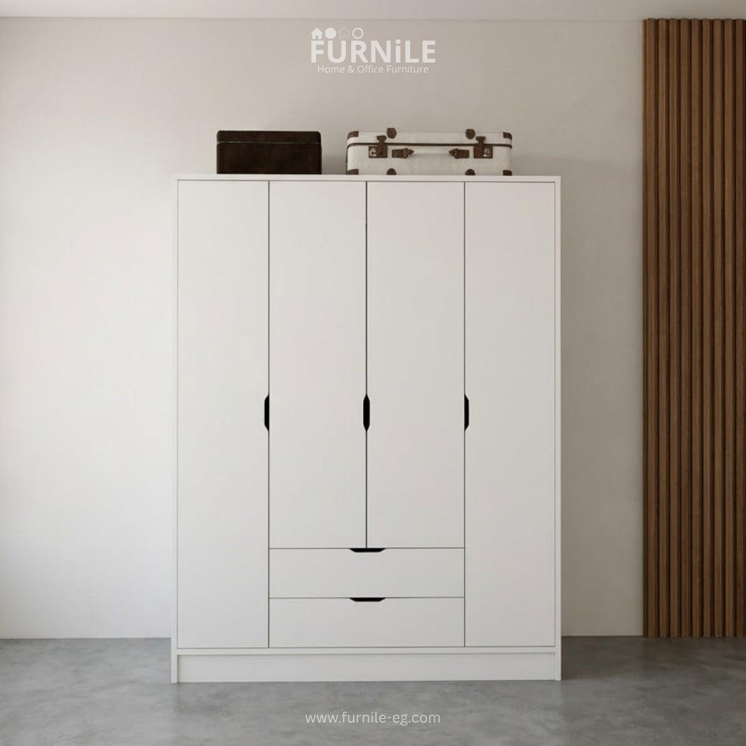 White wardrobe with four panel doors and two drawers, black handles, front view