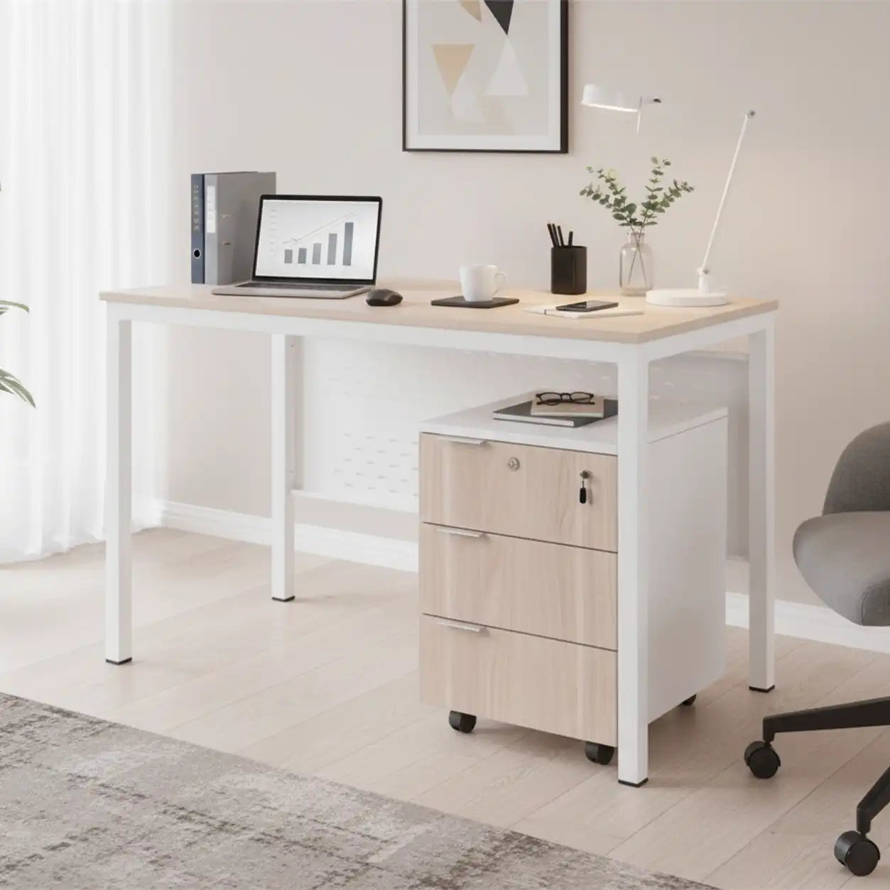 [Width 120cm] D02 Metal Straight Desk MDF Top + Drawer Unit DSK1580002