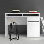 White desk with open center shelves and right cabinet with two doors