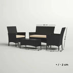 Black woven 4-piece outdoor furniture set with armchairs and glass-top table; dimensions