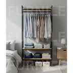 Clothes hanger rack with metal frame and MDF shelves, hanging bar and 3 tiers