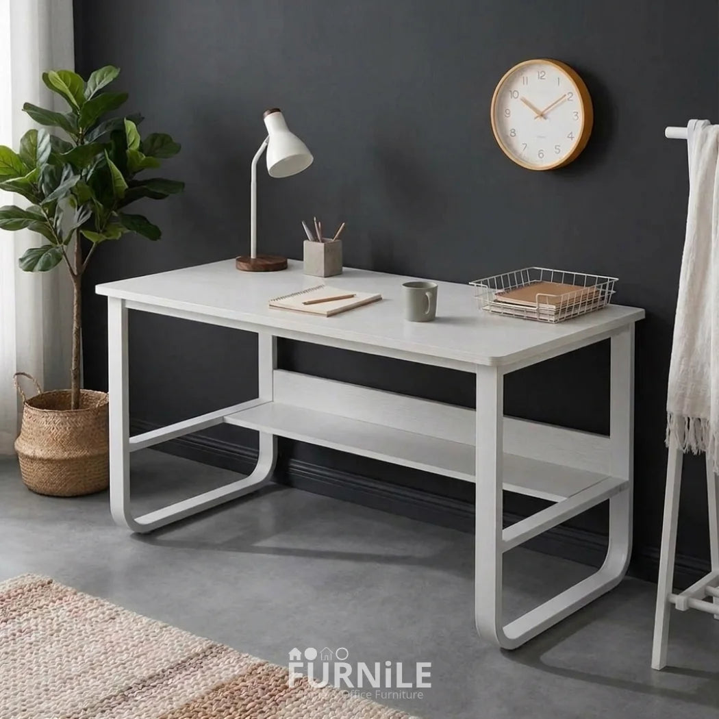 White MDF desk with metal frame, open shelf and slatted-style side supports