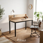 Rectangular desk with light wood top and black metal frame, rounded corners