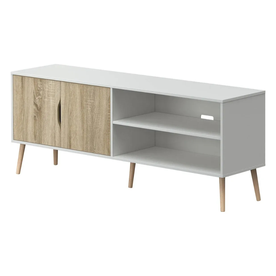 Modern TV console with open storage shelves, light gray body and wood-look door