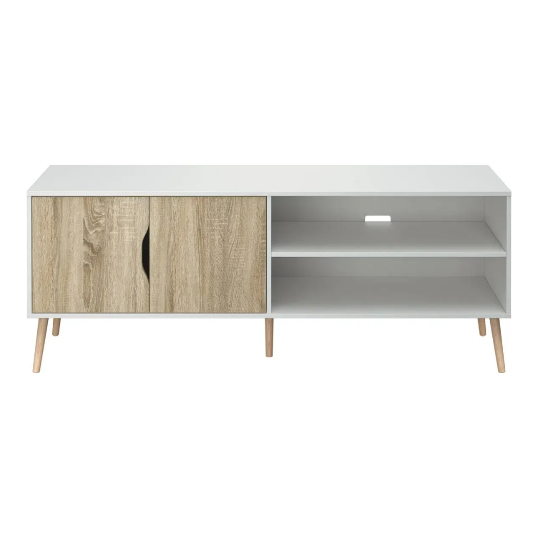 Low TV stand with wood-look sliding doors and three interior shelves, gray MDF