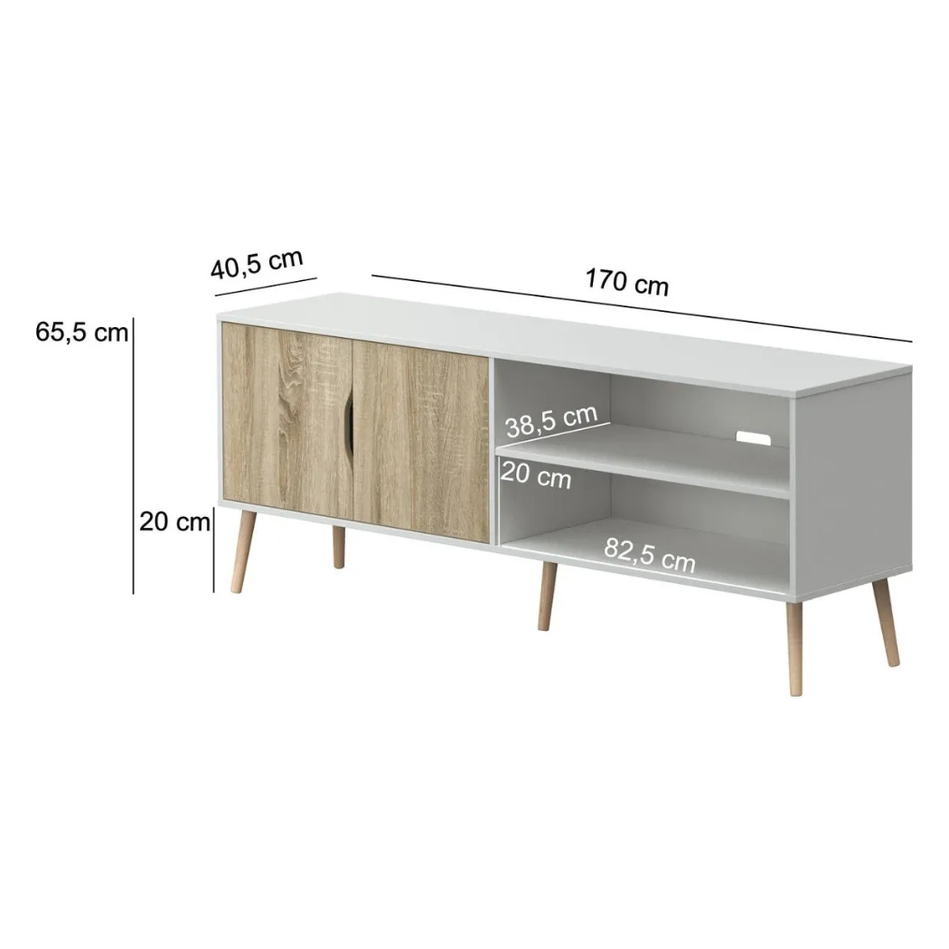 Modern TV unit, light gray MDF with two shelves and wood-look sliding doors