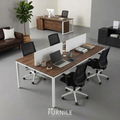 4-seat office workstation table with wood-tone MDF top and white metal frame