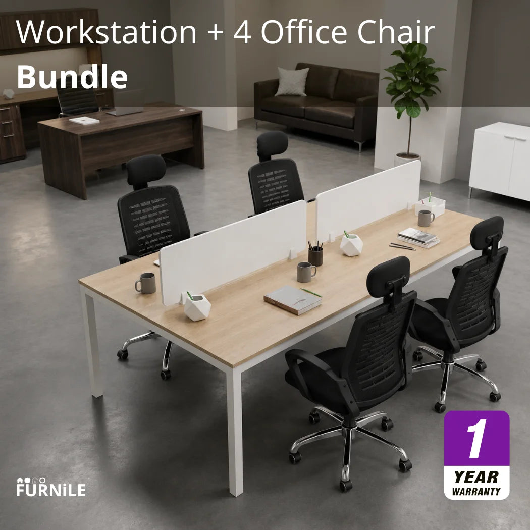 Workstation + 4 Headrested Office Chairs Bundle