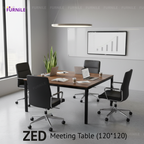 Rectangular meeting table with dark wood top and black metal legs