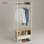 FURNiLE+ metal clothes hanger rack with white frame, hanging rod, and two shelves