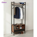 Clothes hanger rack with dark metal frame, top hanging rail, and wood MDF shelves for shoes