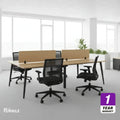 4-seat work station table with four black mesh office chairs