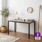 Rectangular office desk with light wood-look top and black metal legs