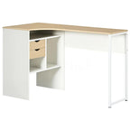 Light wood top white desk with left open shelves and two drawers