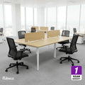 4-seat office workstation: light wood table with white legs and 4 black mesh chairs