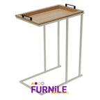 Light wood and white metal side table with rectangular top and dark edge accents