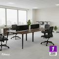 4-seat office workstation table with dark wood top and four black rolling chairs