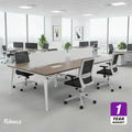 4-seat office workstation table, light wood top, white frame, swivel chairs