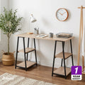 Straight desk with light wood-look MDF top, black metal legs, two-tier shelves