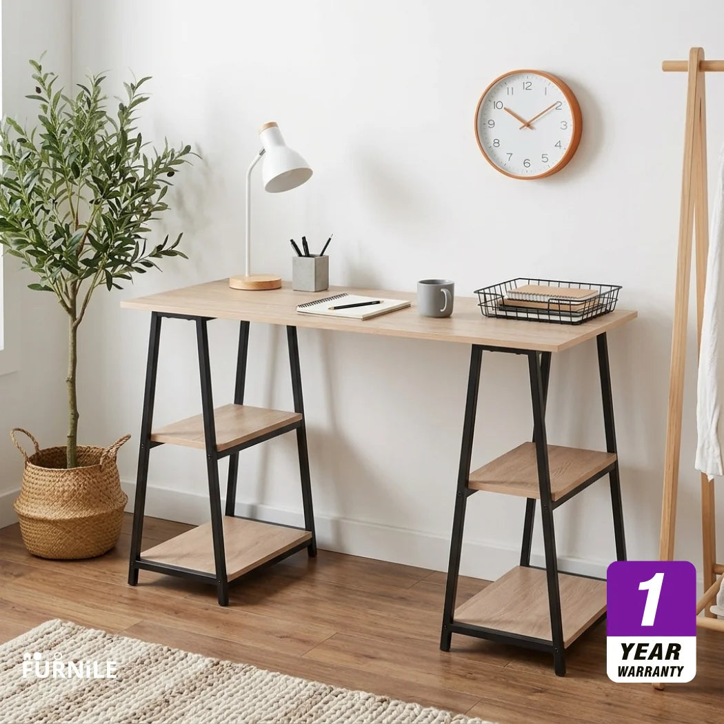 Straight desk with light wood-look MDF top, black metal legs, two-tier shelves
