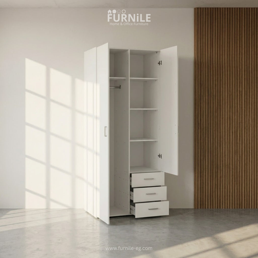 KEVIN wardrobe with open doors showing shelves and drawer base, white