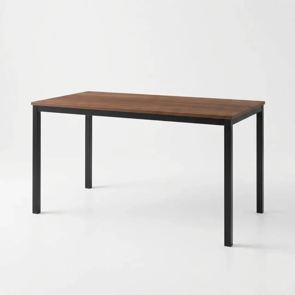Wooden table with black metal legs on a white background
