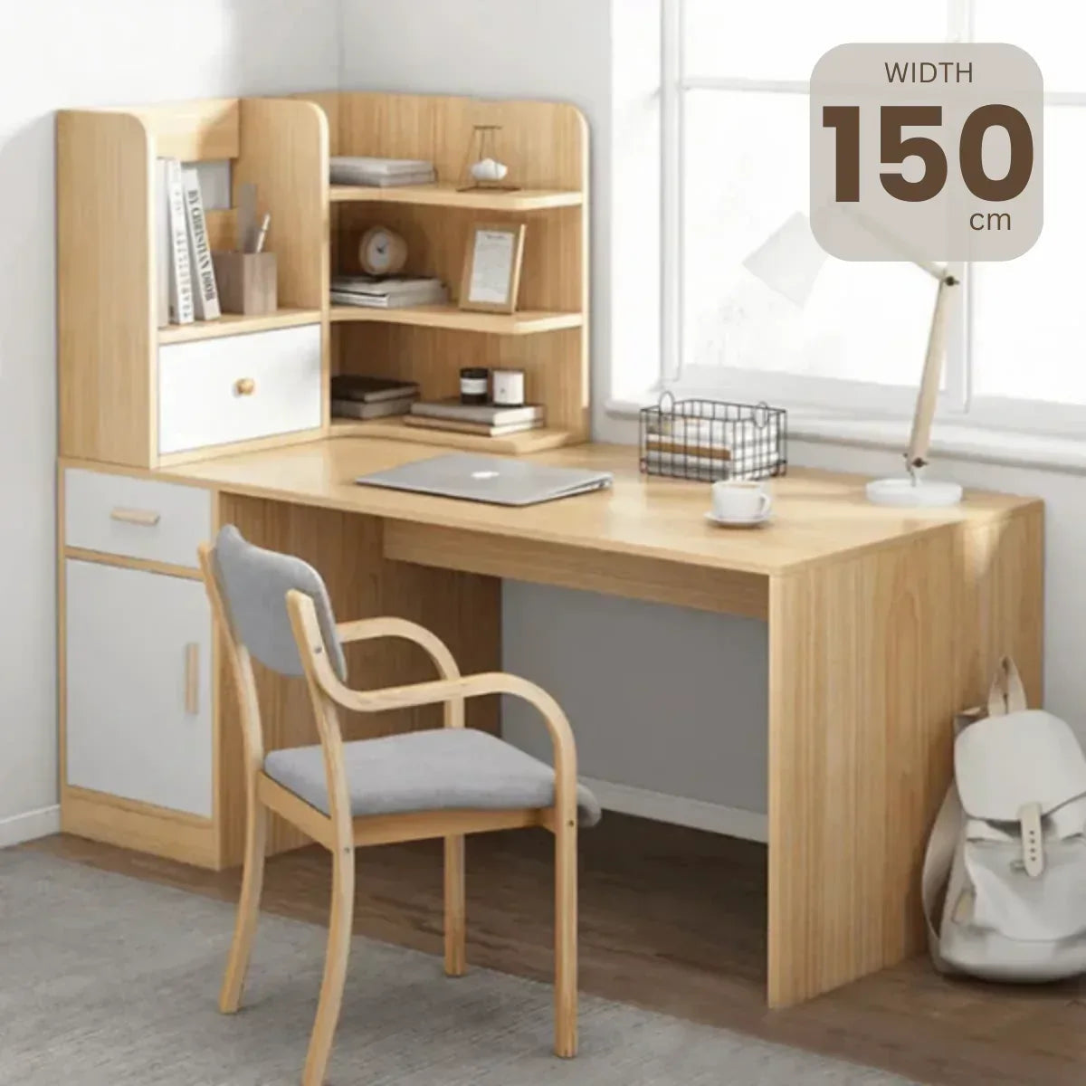 Wood office desk with open shelving and drawers, wide tabletop, light oak finish