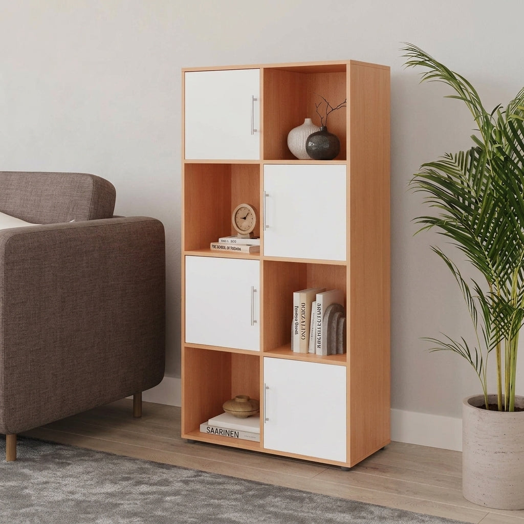Wood-tone MDF bookcase with 3x3 cubbies, white cabinet doors and open shelves