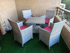 4-seat rattan dining set with square table and four chairs, pink cushion upholstery