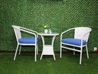 White outdoor bistro furniture set: two chairs with blue cushions and round table