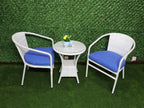 Outdoor furniture set with two white chairs, blue seat cushions, and small round table
