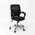 Black office chair with padded seat, curved armrests, and five-star wheeled base