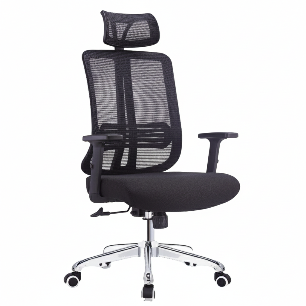 Black office chair with mesh backrest on a white background