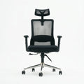 Black mesh office chair with padded seat, adjustable armrests, and rolling chrome base