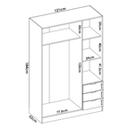White wardrobe with hanging rail, shelves, and drawers, 121x52x184 cm
