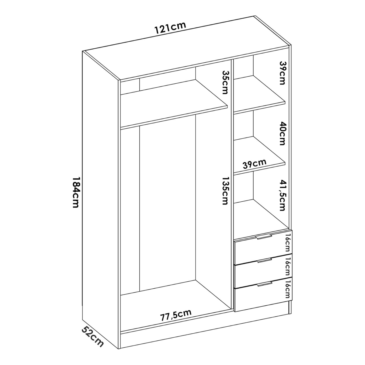 White wardrobe with hanging rail, shelves, and drawers, 121x52x184 cm