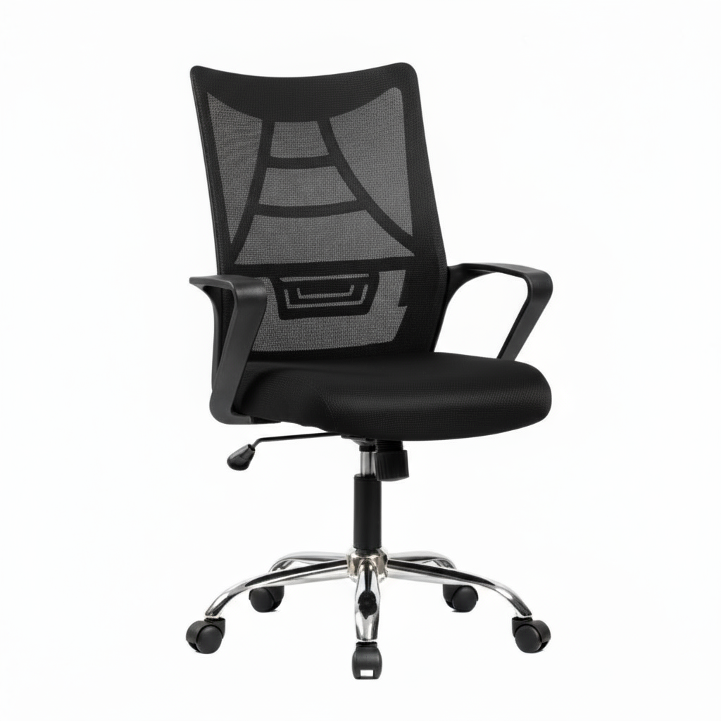 Black office chair with mesh backrest on a white background