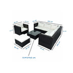 Outdoor furniture set (5 pieces) size diagram with dark frame and white cushion layout