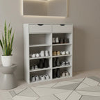 White shoe cabinet with open shelves and multiple compartments for storing footwear