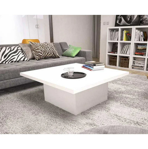 White square coffee table with MDF top and centered base, 100 x 100 x 40 cm